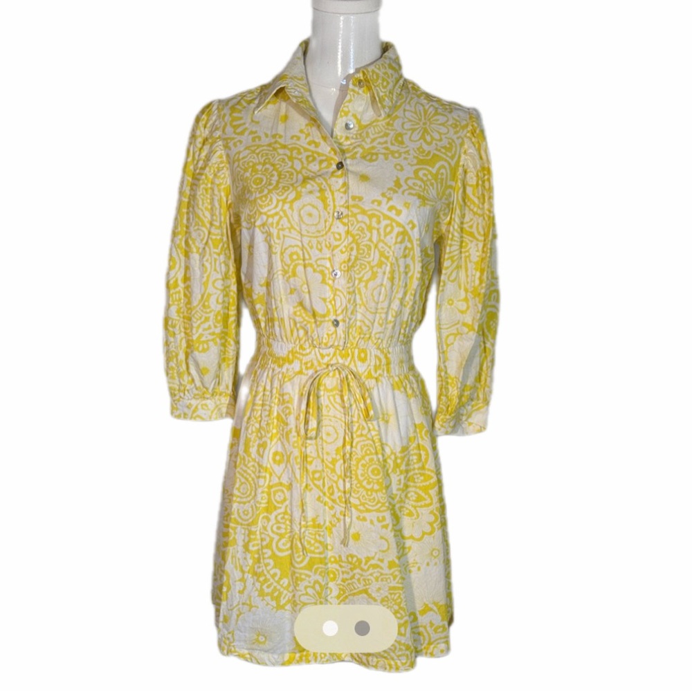 Pinch Yellow Floral Mini Puff Sleeve Smoked Waistline Dress Size S